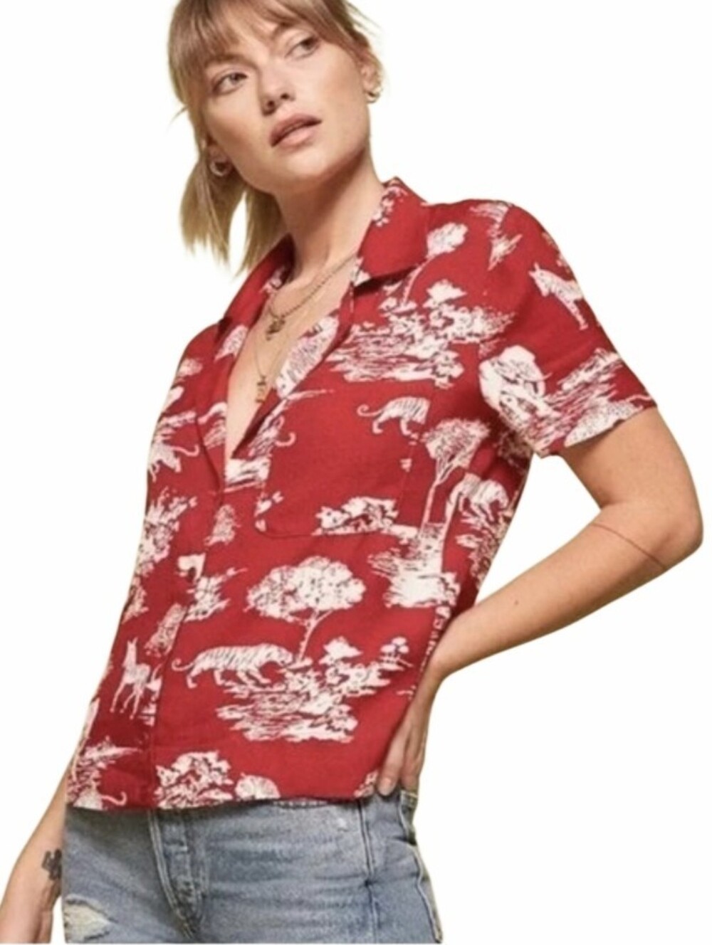 Reformation Cuba Shirt Red Nairobi Jungle‎ Print Short Sleeve
